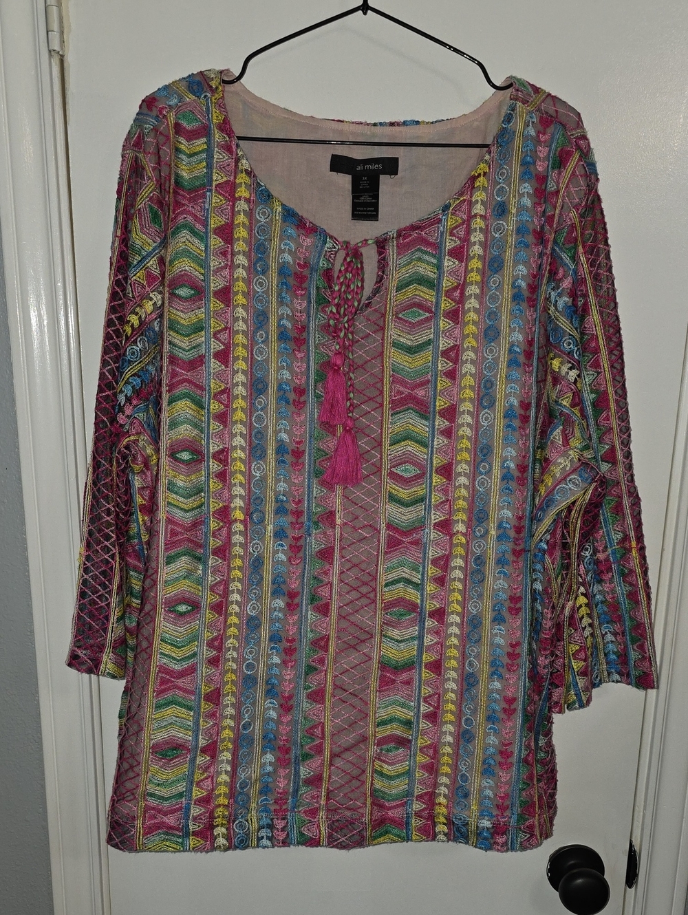 Ali Miles Pink, Blue & Green Embroidered Geometric Print Tassel Tunic Top Sz 3X